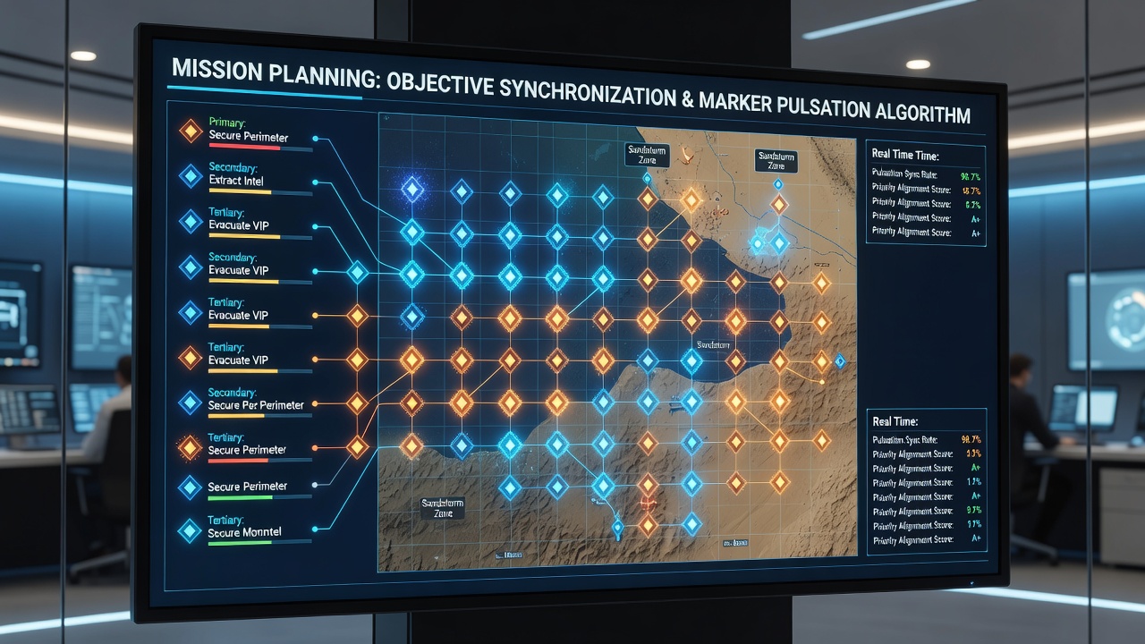Mission planning interface showing pulsating quest markers synchronized with objective priority levels