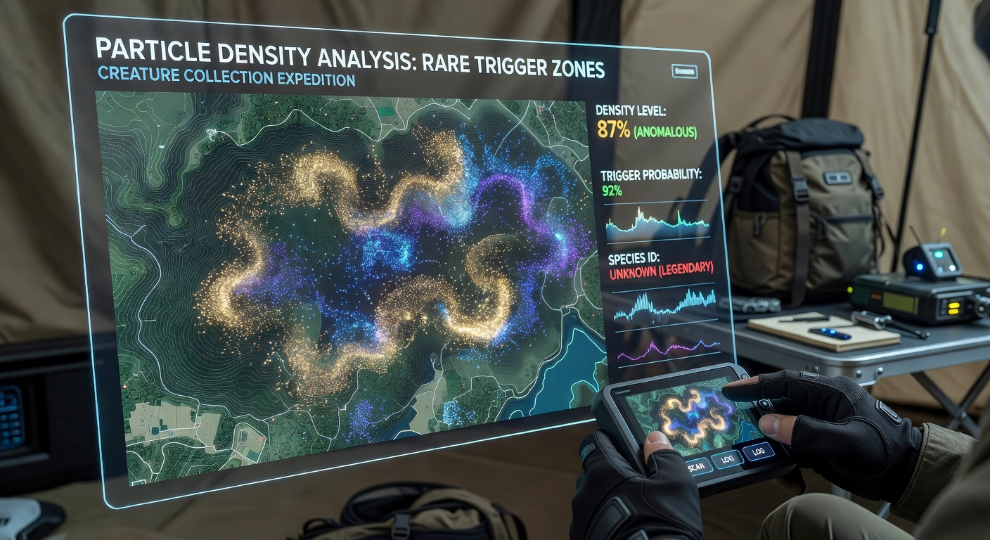 Heatmap overlay showing particle density clusters near rare encounter triggers during an expedition