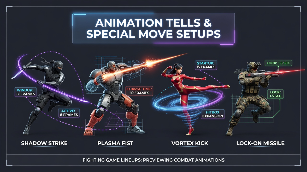 Detailed frame-by-frame breakdown of combat animation tells in fighting games showing wind-up poses for special moves