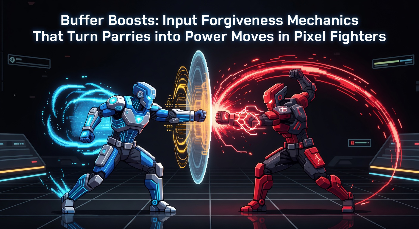 Close-up screenshot of a pixelated fighter executing a glowing parry counter in Pixel Fighters, with buffer input icons overlayed on screen