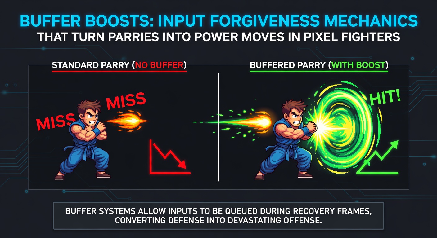 Split-screen comparison in Pixel Fighters: left shows failed strict parry, right demonstrates successful buffer-boosted power counter with damage numbers popping