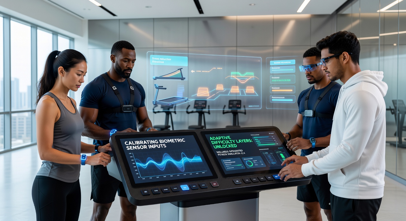 Biometric sensors integrated into a fitness simulator setup showing heart rate and motion tracking interfaces