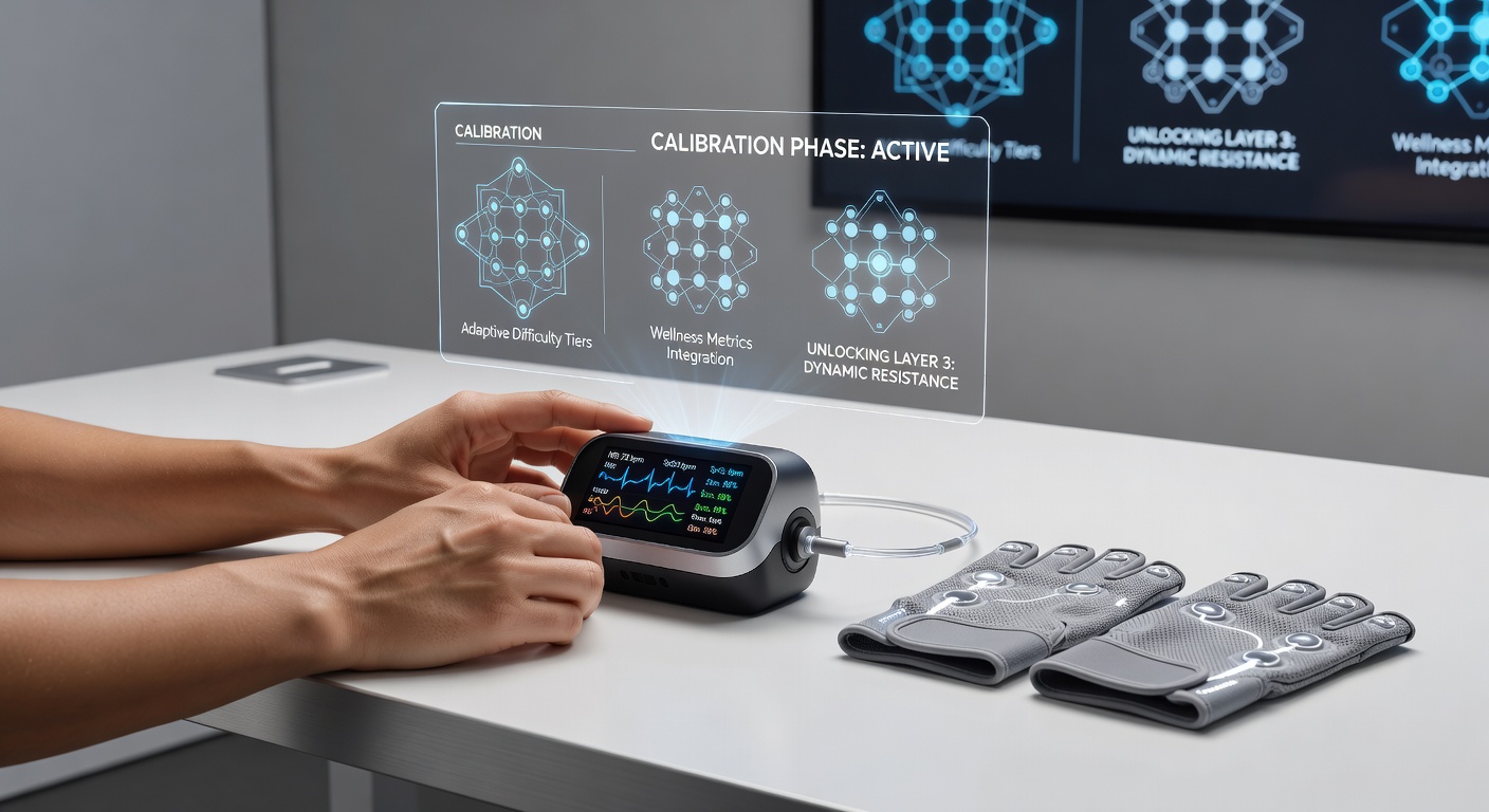 Adaptive difficulty interface displaying real-time biometric adjustments during a wellness fitness simulation session