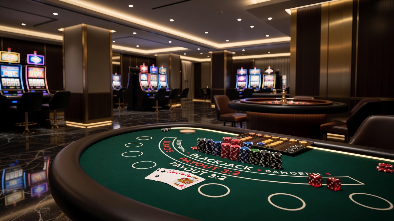 Overview of various casino game tables including roulette and blackjack in a modern gaming facility