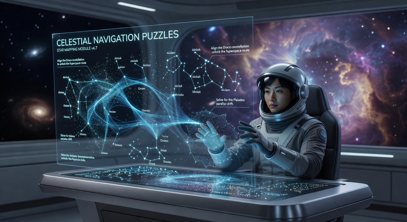 Player aligning stars on a holographic navigation console during a deep space mission sequence