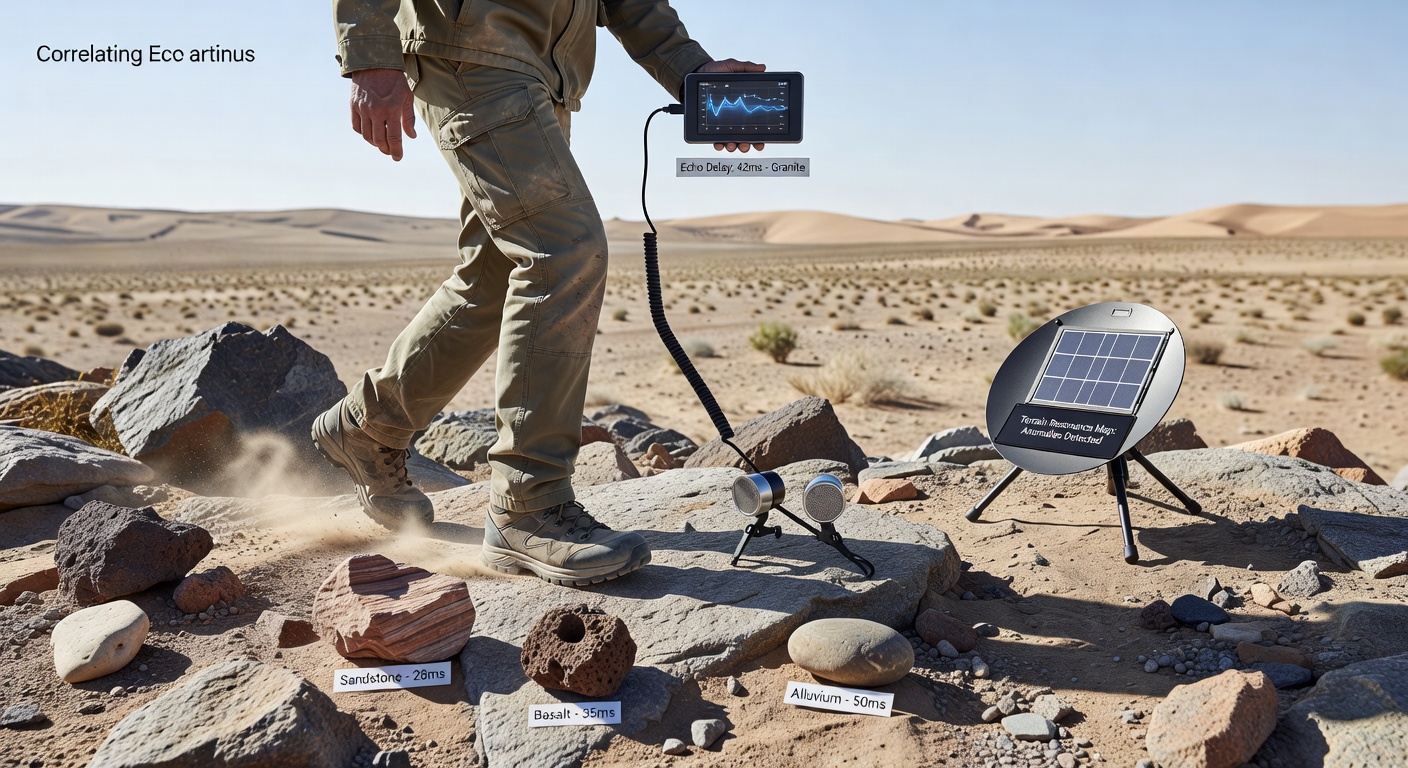 Explorer testing footstep echoes across varied terrain surfaces during a resource scouting session