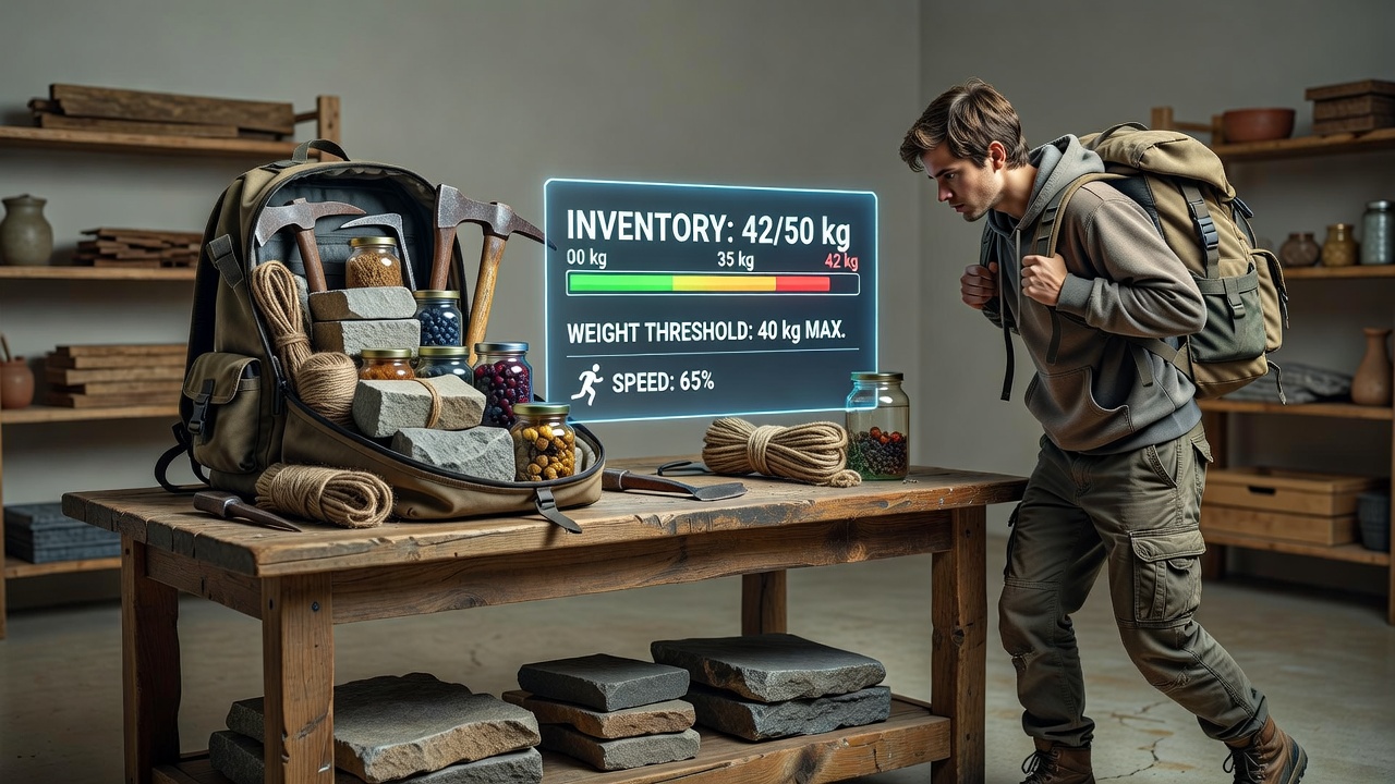 Diagram showing inventory weight thresholds and corresponding movement speed reductions in a survival crafting game interface