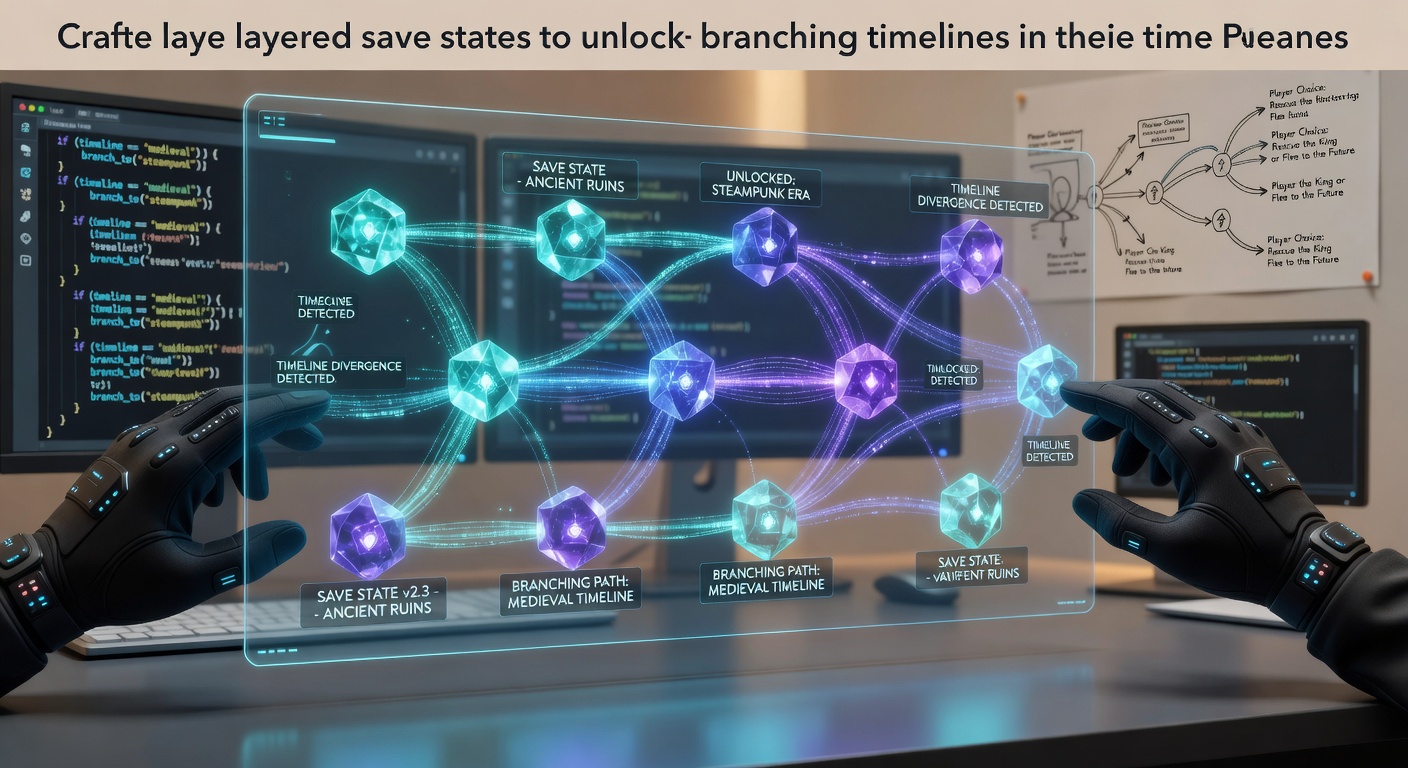 Illustration of layered save state interfaces in a time-bending adventure game showing multiple timeline branches and player decision points