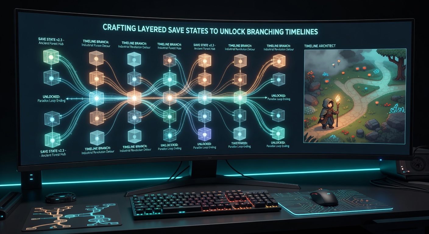 Screenshot of a player managing multiple save state layers on a timeline map in an adventure game environment