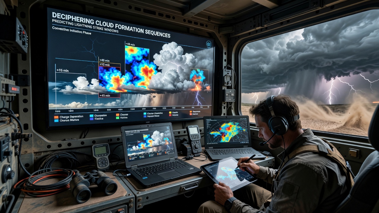 In-game radar overlay showing cloud cell movement patterns during a predicted lightning lull in a survival storm chaser scenario