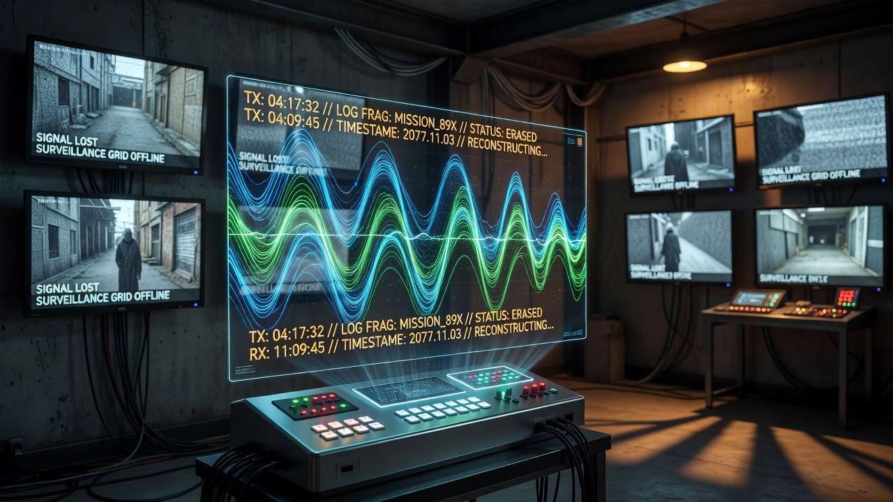 Player character adjusting radio equipment in a dimly lit dystopian surveillance control room with frequency waveforms visible on multiple screens