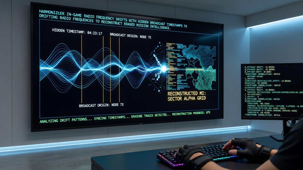 Close-up view of in-game radio interface displaying synchronized frequency waveforms and timestamp markers during mission log reconstruction