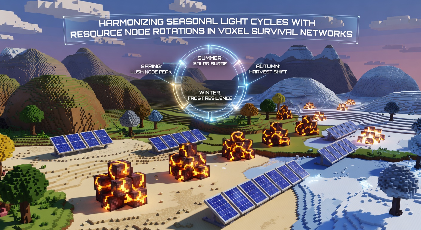 Voxel survival network showing seasonal light affecting resource node spawns during daytime cycle