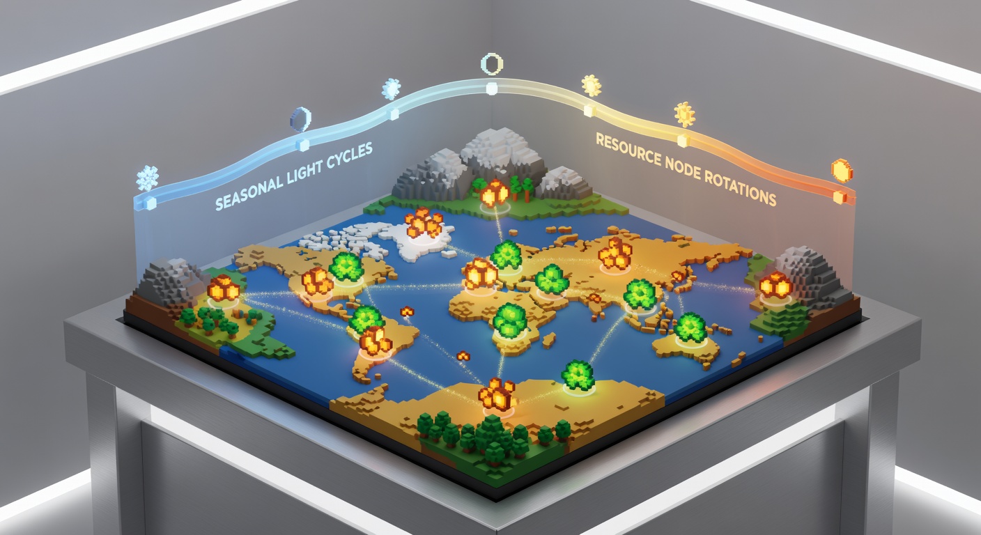 Detailed view of resource nodes rotating positions under changing seasonal light in a voxel world