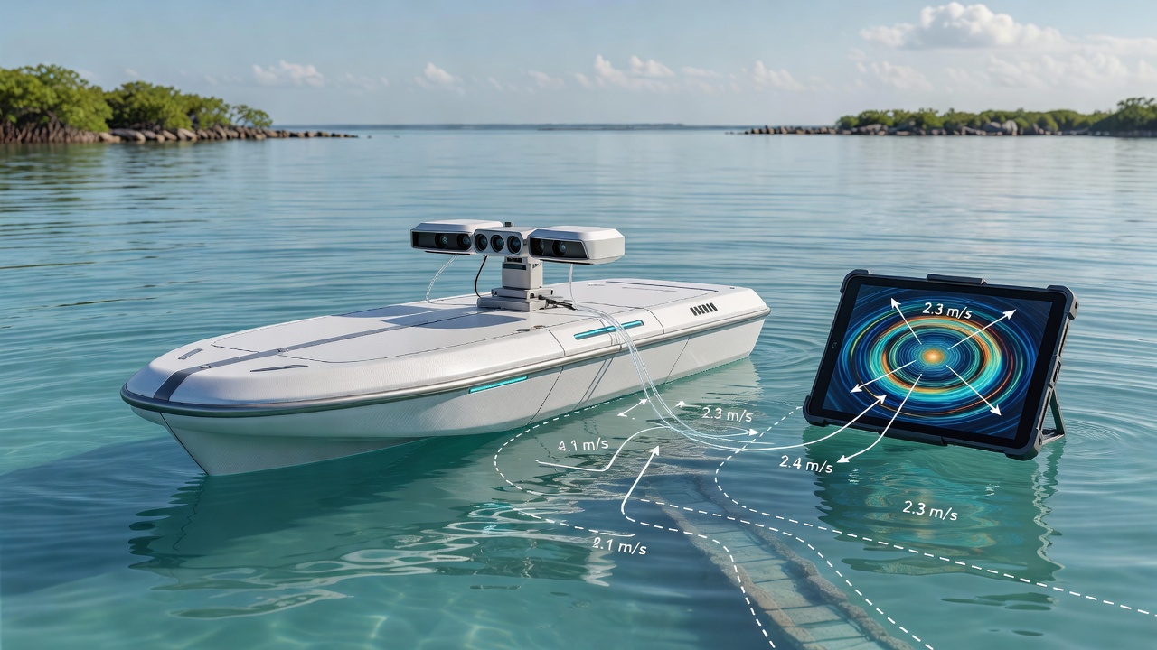 Surface ripples forming patterns over a submerged underwater pathway during aquatic exploration
