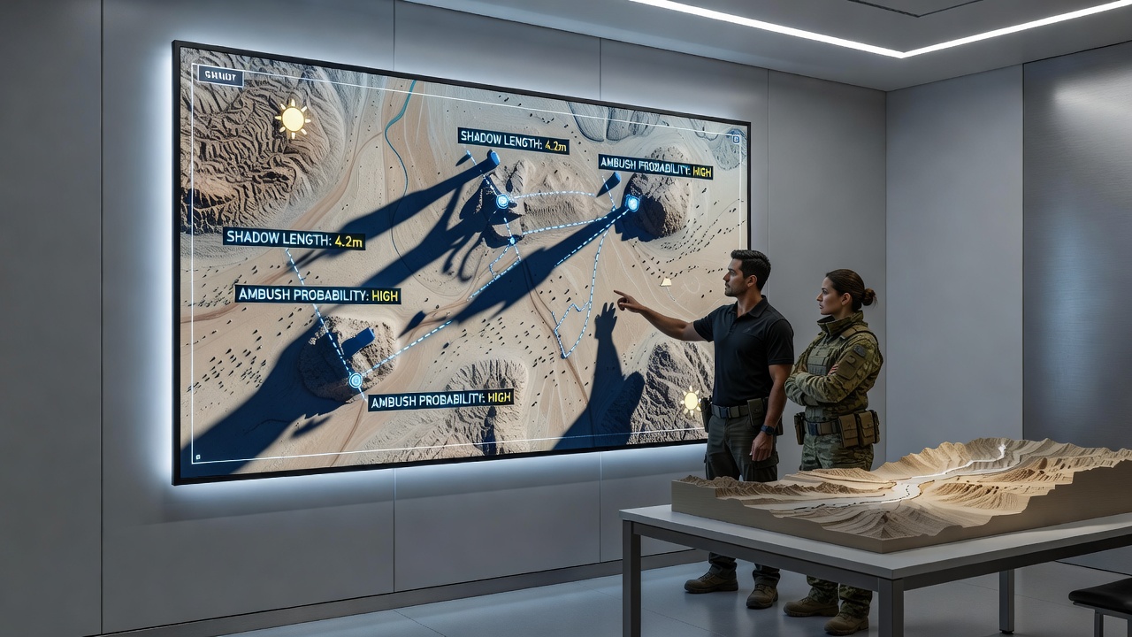 Tactical operator using shadow mapping tools on a digital display during mission briefing