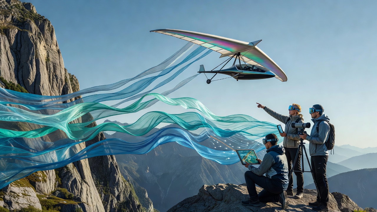 Paraglider wing fabric responding to shifting air currents over mountainous terrain