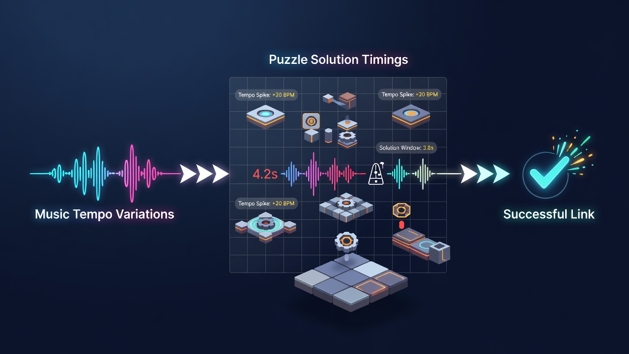 Close-up of timing indicators synced to music beats in a platformer level