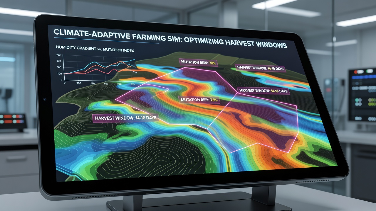 Simulation interface displaying humidity gradient overlays mapped across farmland zones with color-coded mutation risk indicators