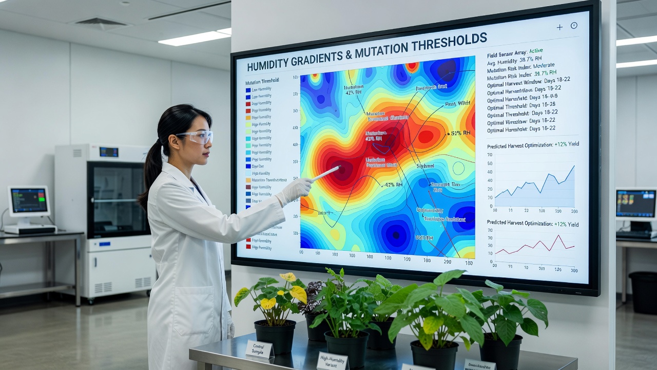 Detailed view of a climate-adaptive farming sim dashboard showing synchronized humidity data points and mutation threshold alerts for multiple crop types