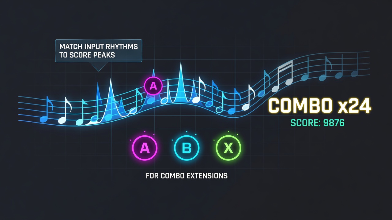 Close-up of controller inputs synchronized with musical notation and waveform peaks in a rhythm-action hybrid