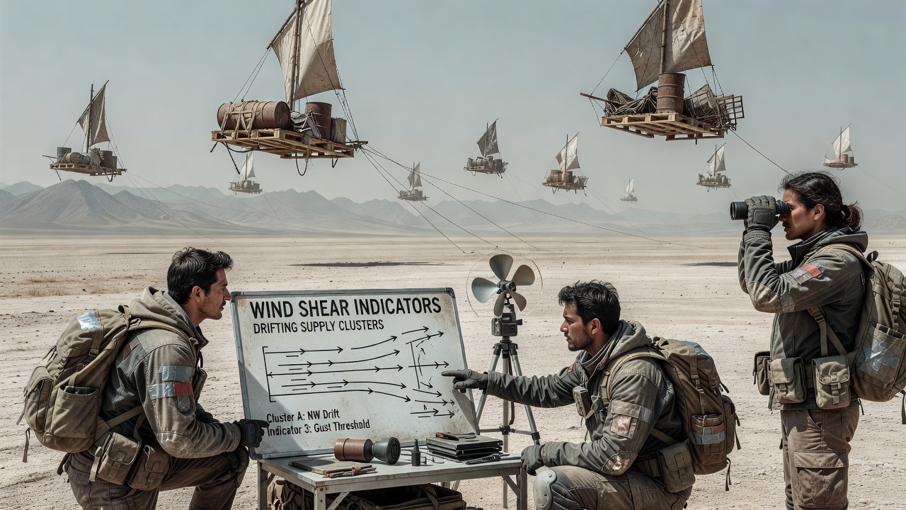 Scavengers analyzing wind patterns across abandoned supply zones in a post-collapse landscape