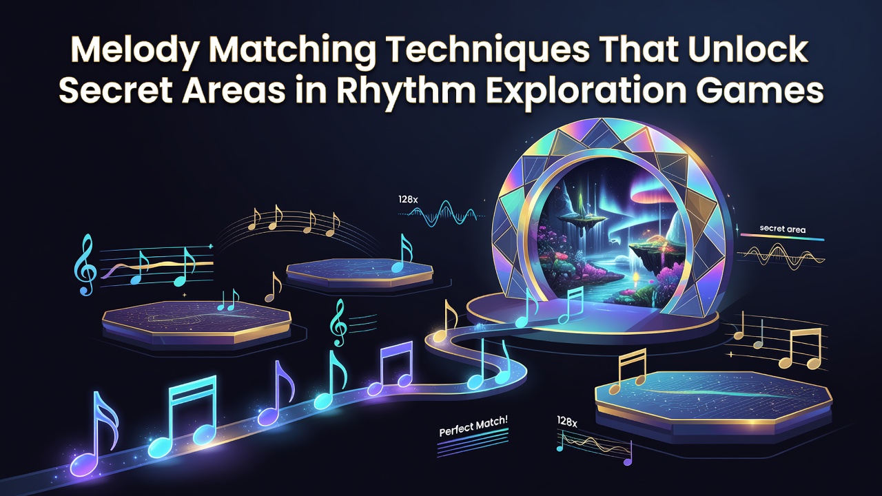 Rhythm exploration game interface showing melody matching mechanics with glowing note patterns