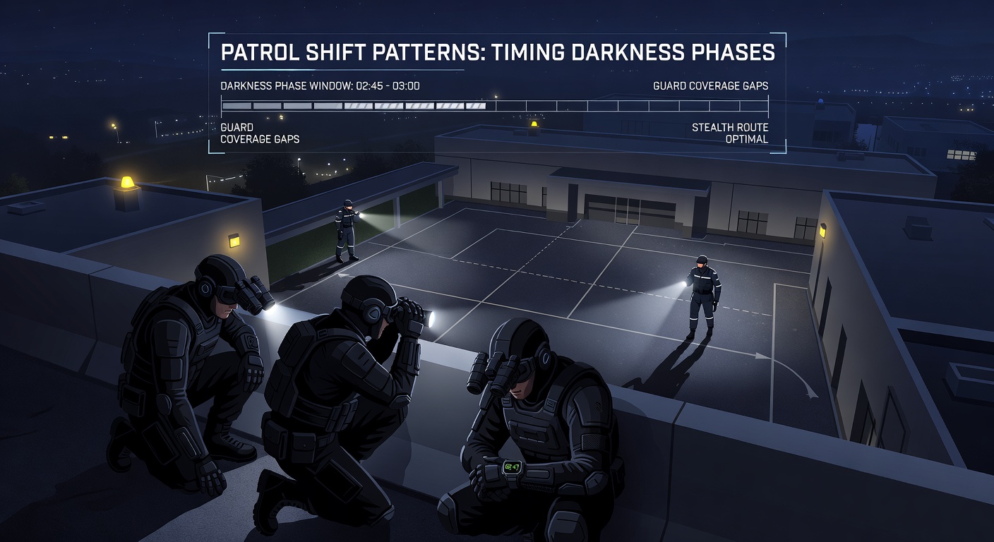 Stealth operative observing guard patrol routes under moonlight in a nocturnal mission setting