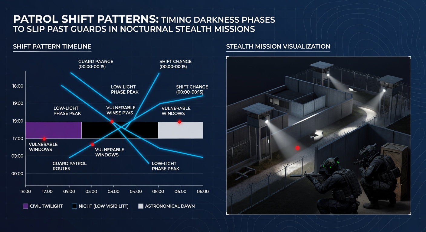 Detailed view of guard patrol patterns intersecting with shadow zones during a nighttime stealth sequence