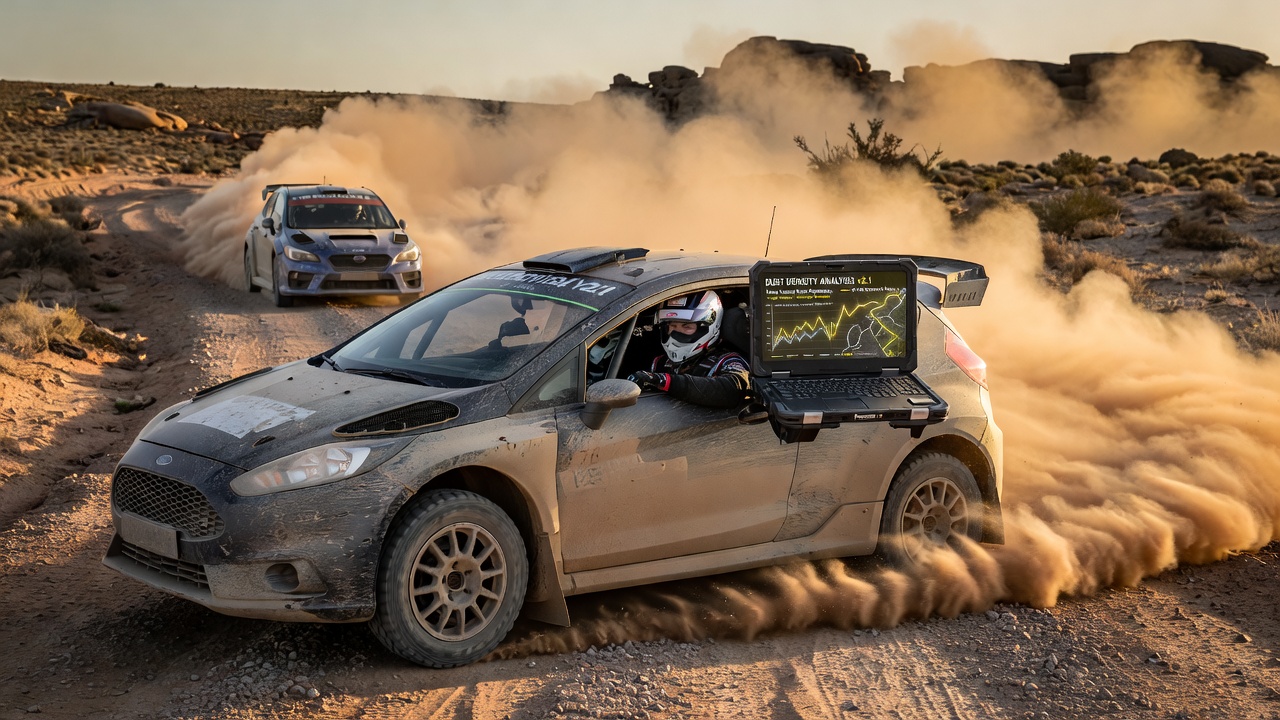 Rally vehicle generating visible dust clouds on an unpaved mountain stage during a competitive run