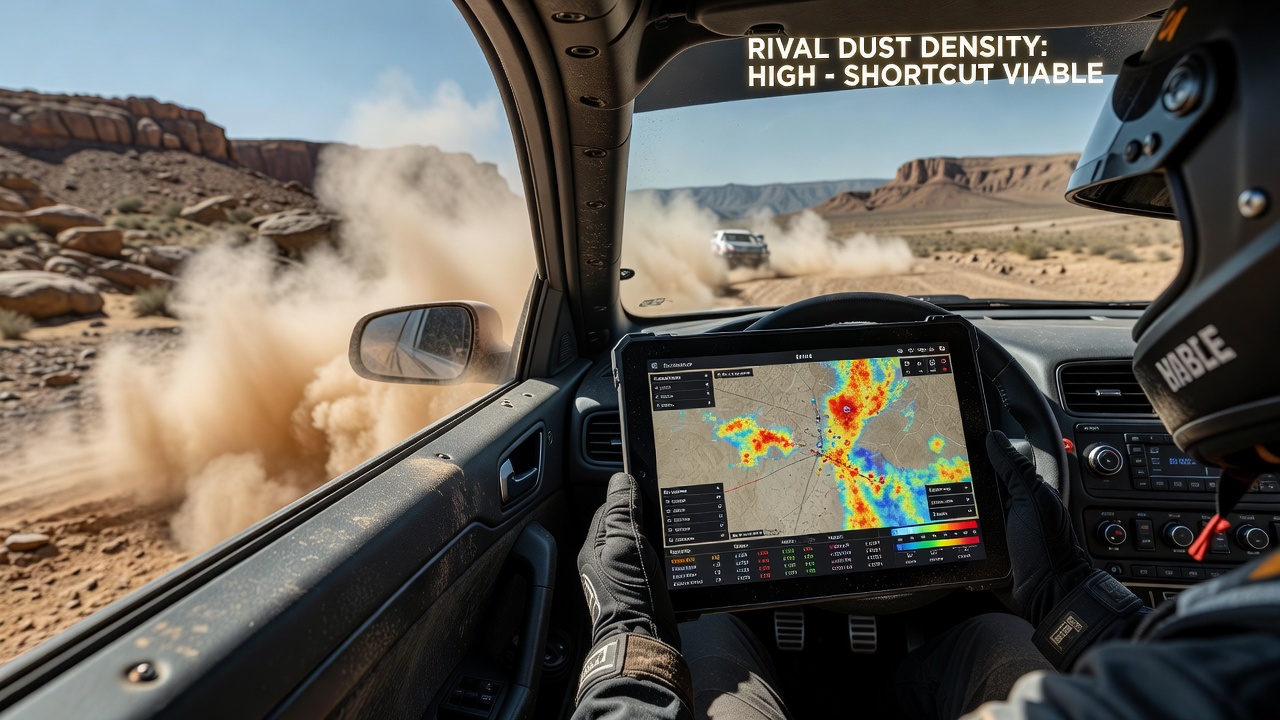 Close-up view of dust density gradients left by multiple rally cars on a forested gravel road