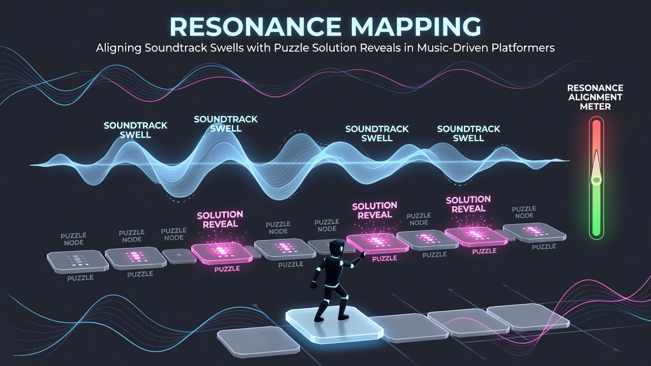 A platformer character stands on a glowing platform as musical notes and puzzle elements align with a rising orchestral swell in the background