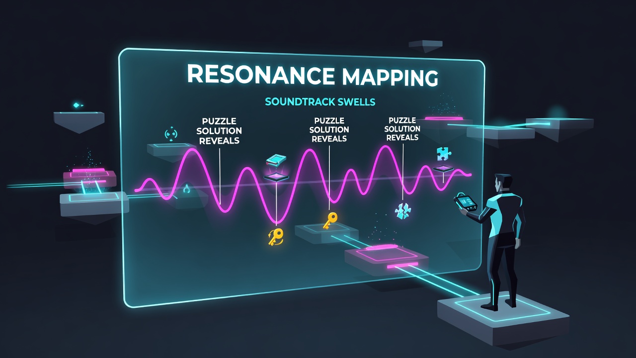 Close-up view of a music visualizer overlay showing waveform peaks aligned with platform activation markers in a puzzle scene