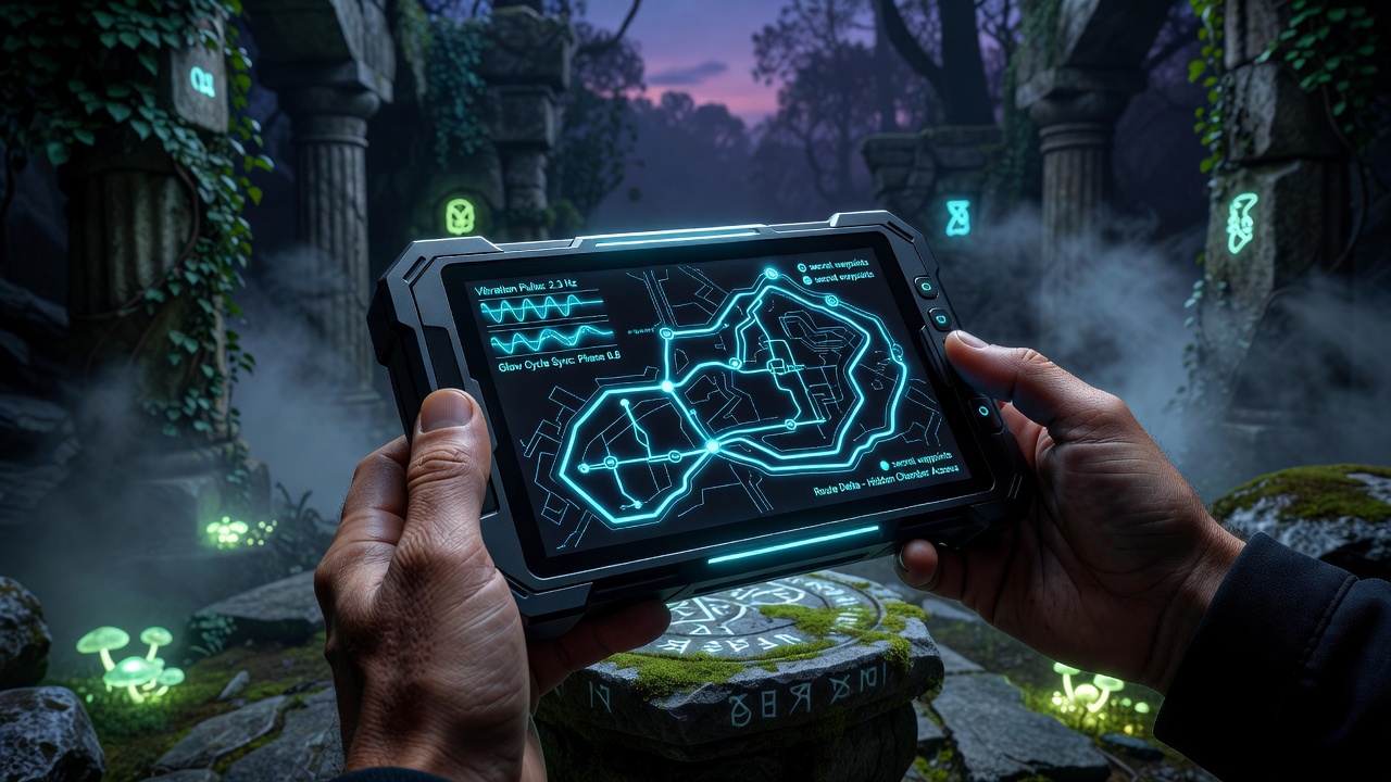 Atmospheric mystery adventure scene showing glowing hidden objects and vibration feedback indicators