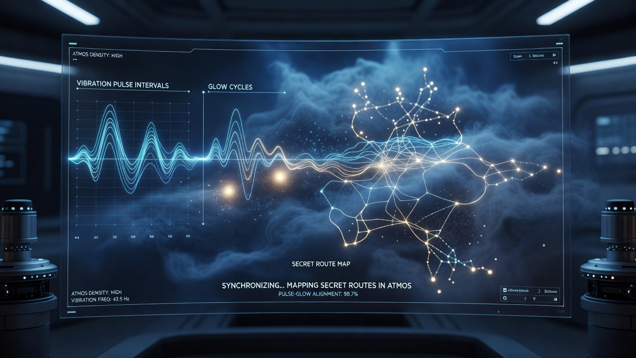 Close-up view of synchronized vibration feedback and glowing object cycles in a mystery game environment