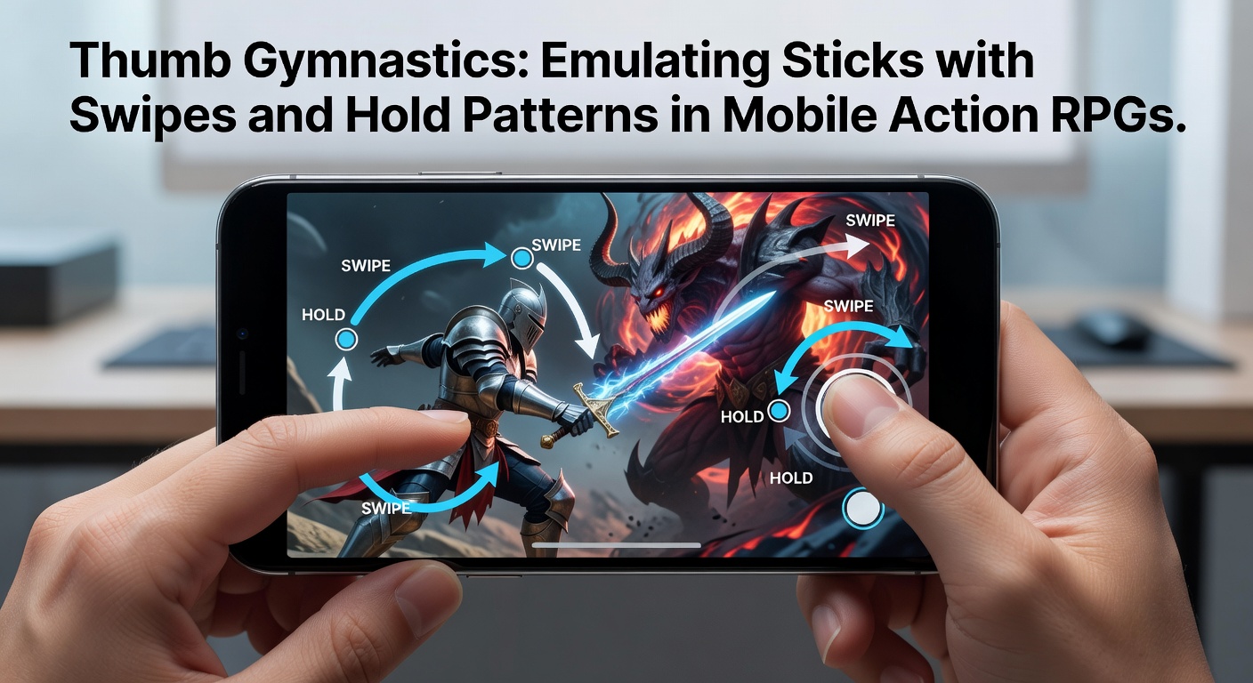 Close-up of a player's thumbs executing precise swipes on a mobile screen during an intense action RPG boss fight, illustrating virtual joystick emulation through gesture patterns