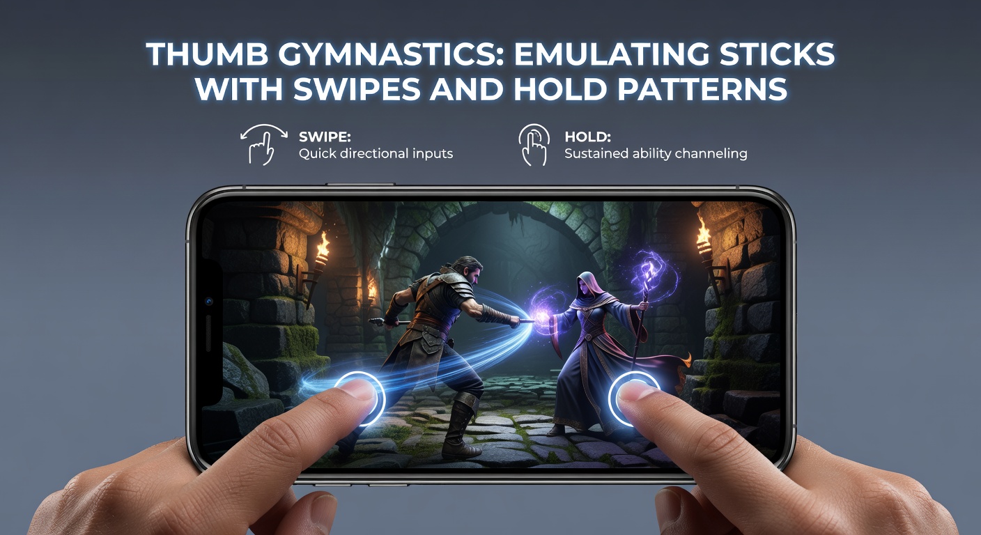 Split-screen comparison showing traditional console analog stick input versus mobile swipe emulation in a Diablo Immortal-style dungeon crawl, highlighting gesture trajectories and hold zones