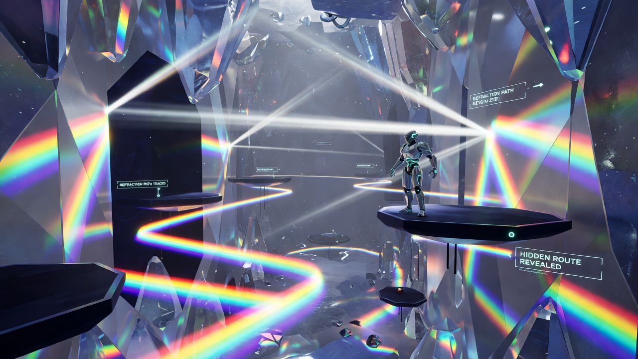 Crystal cavern platformer scene with prismatic barriers refracting light to show hidden pathways