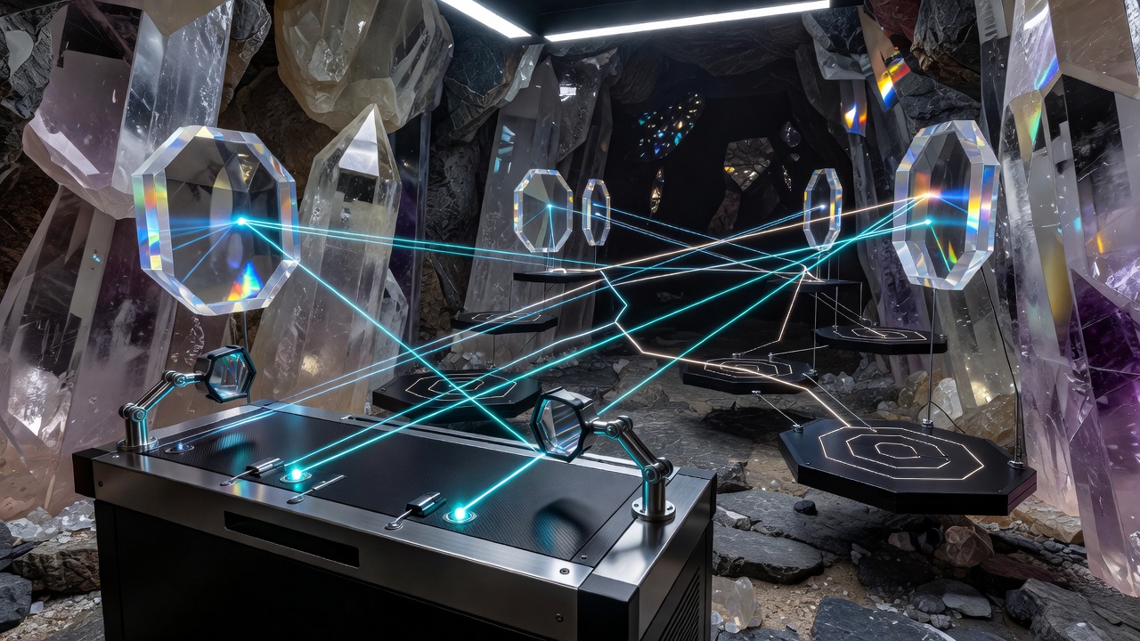 Detailed view of refraction patterns and light tracing in a crystal platformer level