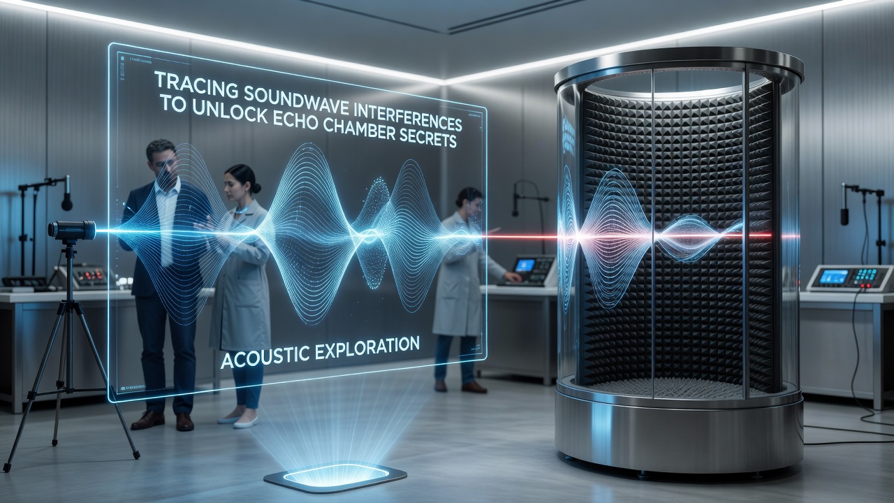 Player character using audio equipment to trace interference patterns inside a complex echo chamber