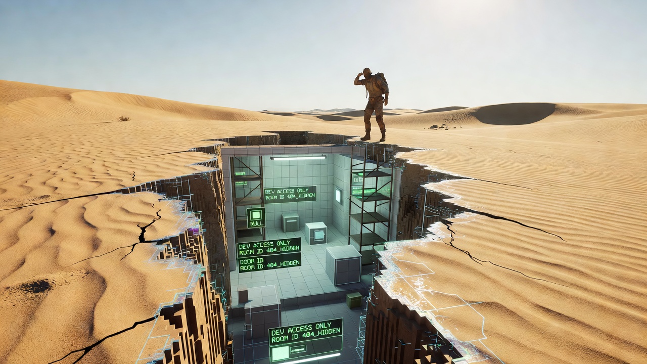 Texture seam glitch revealing a hidden developer room in an open-world sandbox game environment