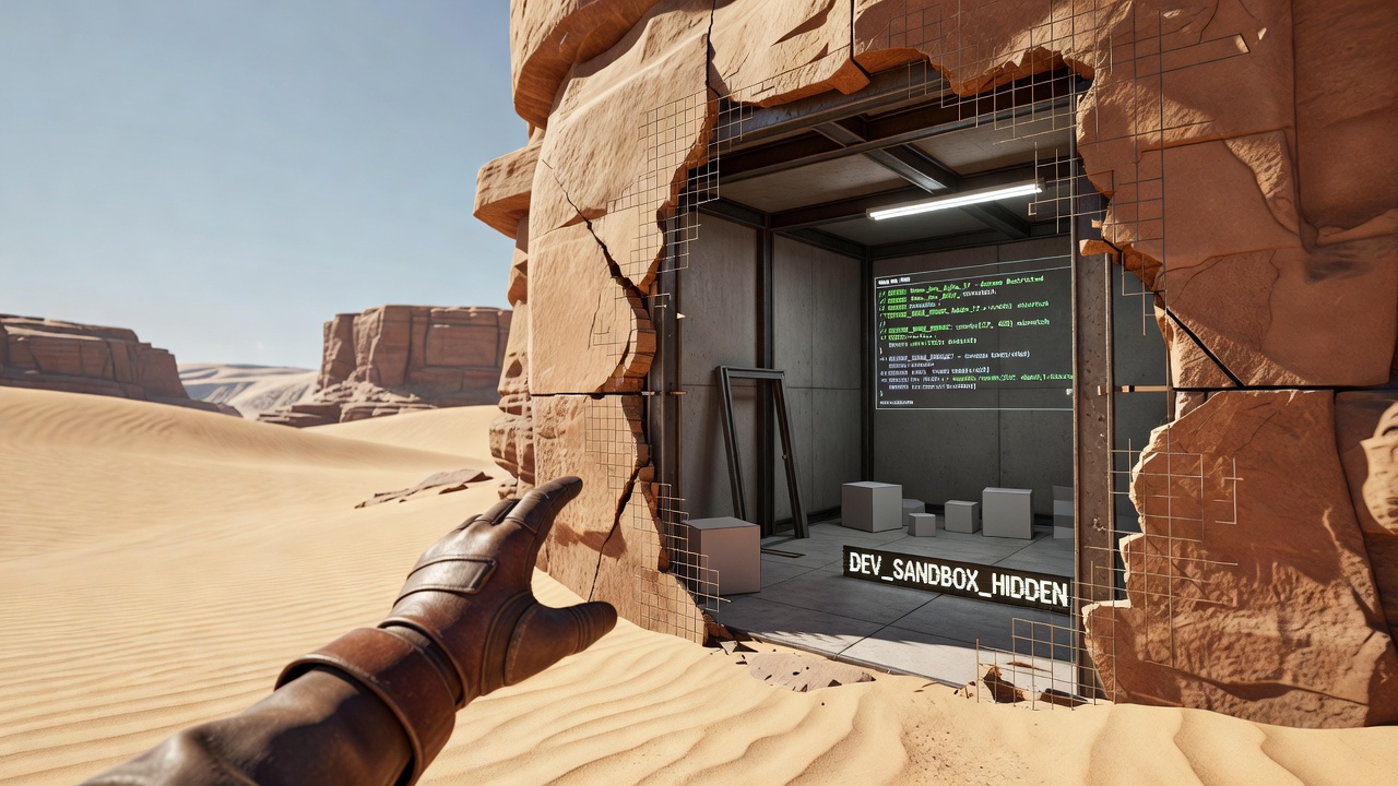 Player character clipping through a texture seam into a secret developer testing area
