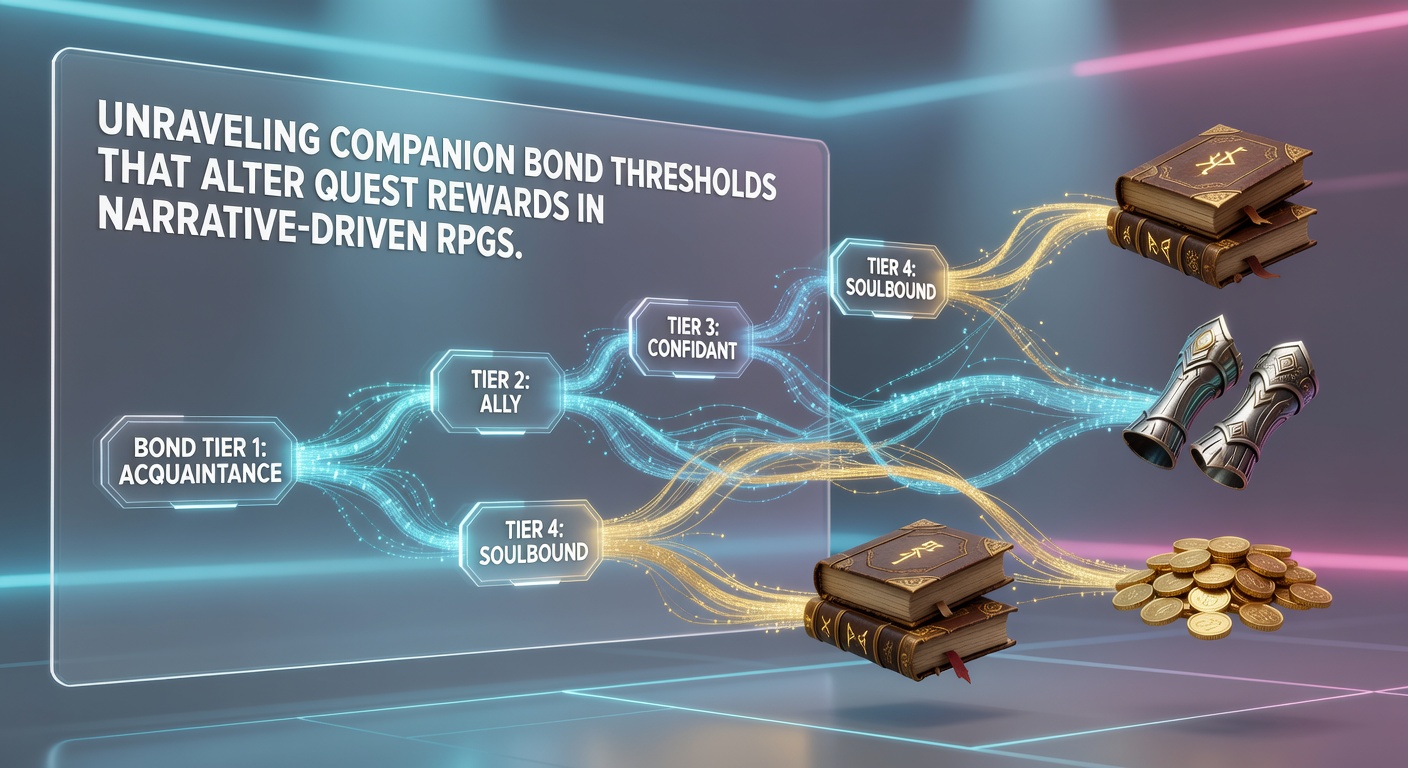 Illustration of companion characters in a narrative RPG with bond meters and quest reward icons overlaid on a fantasy landscape