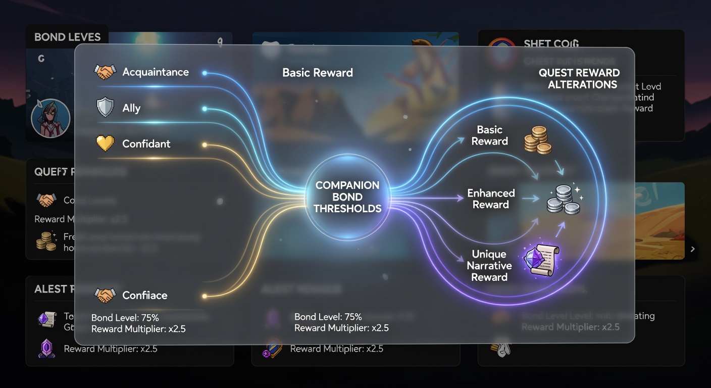 Screenshot-style image showing altered quest reward screens with companion bond indicators and upgraded item rewards in an RPG interface