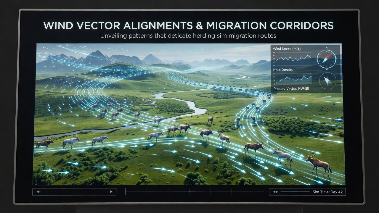 In-game screenshot displaying real-time wind vector overlays and resulting migration corridors used by digital creatures during a herding sequence